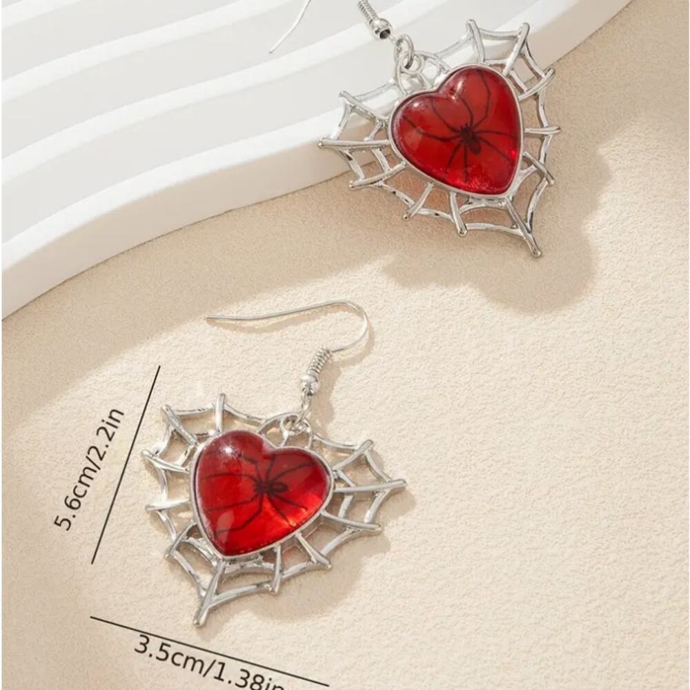 NEW - Silver Spider Web earrings, Heart Gothic jewelry, Punk - Picture 2 of 3